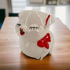 Vintage Bisque Pottery Creamer pitcher Smiling Pig Red Bow American‎ RARE 1940s